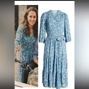 Boden Aurora Midi Wrap Dress Heron Blue Daisy Floral Size US12 Kate Middleton